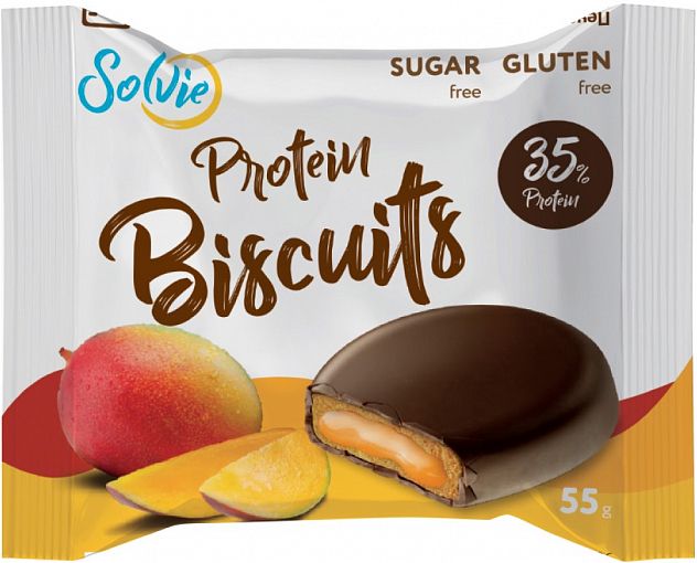 Печенье протеиновое "Protein bisquits" глазированное молочным шоколадом, с кремовой начинкой Манго, без сахара, Solvie, 55 г