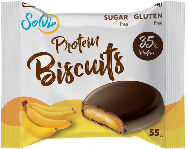 Печенье протеиновое "Protein bisquits" глазированное молочным шоколадом, с кремовой начинкой Банан, без сахара, Solvie, 55 г
