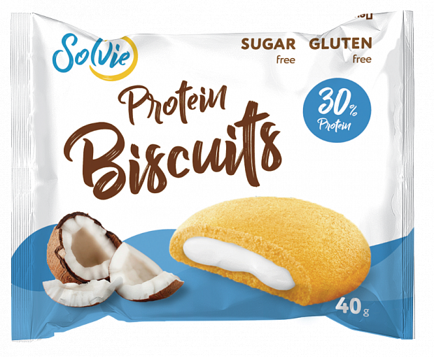 Бисквитное печенье "Protein biscuits" с низкокалорийной начинкой "Кокос"  без сахара , Solvie, 40 г