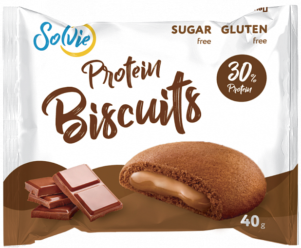 Бисквитное печенье "Protein biscuits" шоколадное с белково-шоколадной начинкой без сахара , Solvie, 40 г