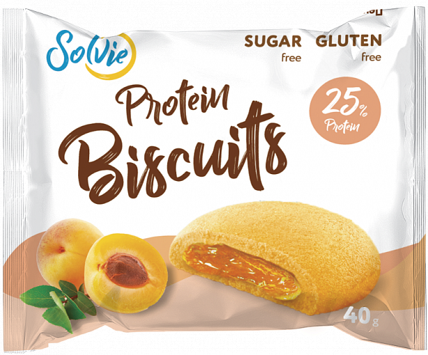 Бисквитное печенье "Protein biscuits" с низкокалорийной плодово-ягодной начинкой "Абрикос"  без сахара , Solvie, 40 г