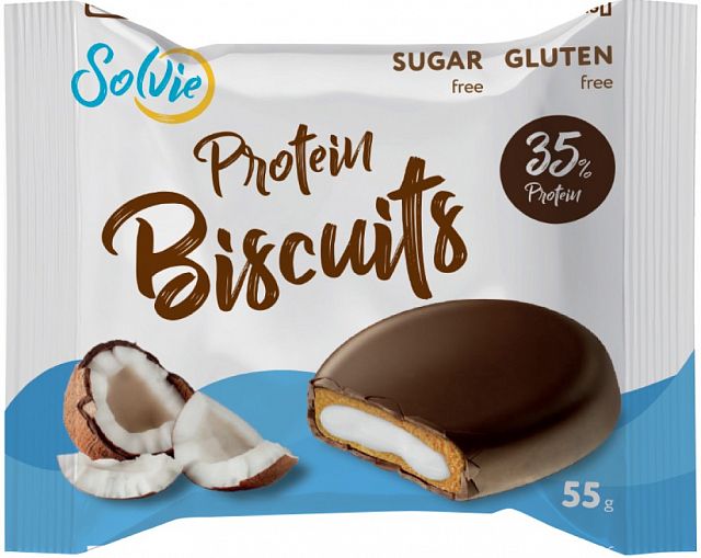 Печенье протеиновое "Protein bisquits" глазированное молочным шоколадом, с кремовой начинкой Кокос, без сахара, Solvie, 55 г