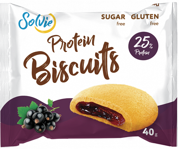Бисквитное печенье "Protein biscuits" с низкокалорийной ягодной начинкой "Черная смородина"  без сахара , Solvie, 40 г
